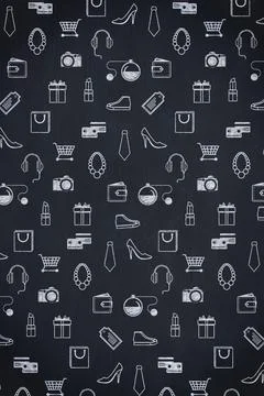 Repeating grid is showing chalk-like line art shopping icons in white on dark Stock Illustration