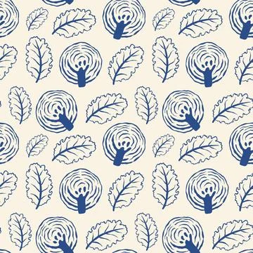 Repeating hand-drawn oak leaf and tree motifs in navy blue on off-white Illustrazione stock
