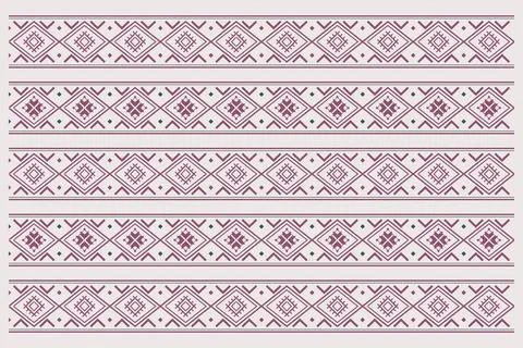 A repeating horizontal folk-inspired textile border combines burgundy geome.. Stock Illustration