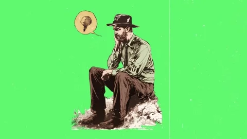 Repeating illustrations of a bearded man sitting on a rock contemplating life Stock Footage 346127836
