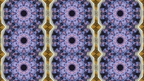 A repeating kaleidoscopic pattern featuring floral motifs in shades of purple Stock Footage 318799126