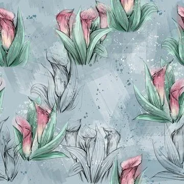 Repeating pattern on a blue background of calla flowers, watercolor illustration Illustrazione stock
