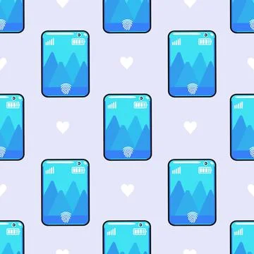 Repeating pattern of blue smartphone icons with mountain landscapes and heart Illustrazione stock