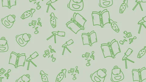 Repeating pattern of books, telescopes, music notes, and backpacks. Suitable for Stock Footage 323775841