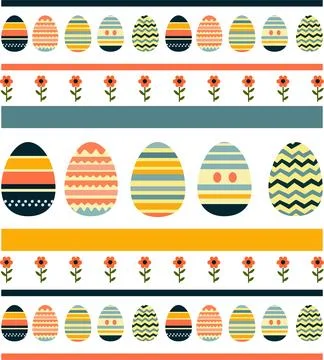 A repeating pattern of colorful Easter eggs and flowers on a white background Stock Illustration