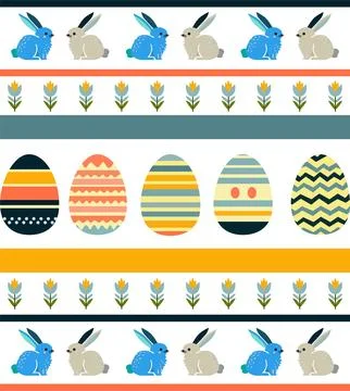 A repeating pattern of colorful Easter eggs and bunnies on a white background Stock Illustration