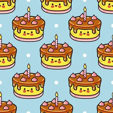 Repeating pattern of cute cartoon cakes on a soft blue backdrop with a fun,.. Stock Illustration