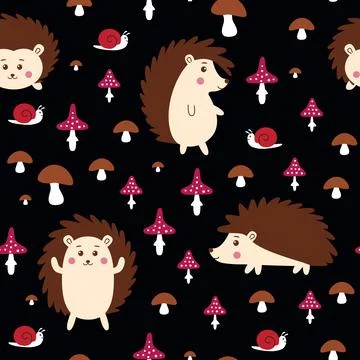 Repeating pattern with cute hedgehogs, snails and mushrooms on a black back.. Stock Illustration