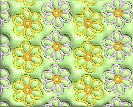 Repeating pattern of daisy flowers on a green background, 3D rendering illu.. Stock Illustration