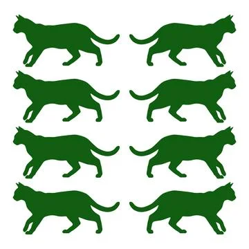 A repeating pattern of eight identical green cat silhouettes walking toward.. Stock Illustration