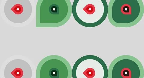 Repeating pattern features circles, green shapes, red dots. Minimalist design Stock Illustration