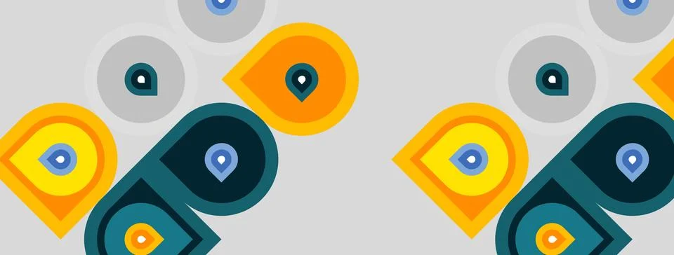 Repeating pattern features circles, squares, pins. Colors include yellow, gra Stock Illustration