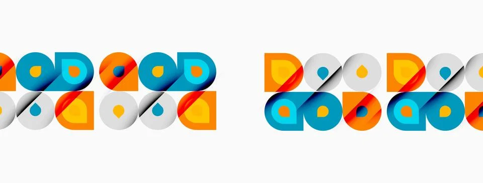 Repeating pattern features colorful circles, squares, plus signs. Minimalist Illustrazione stock