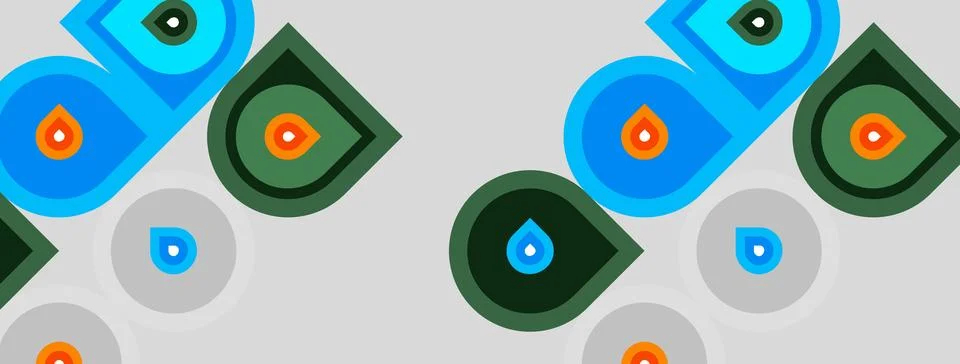 Repeating pattern features colorful droplet shapes. Blue, green, orange hues イラスト素材