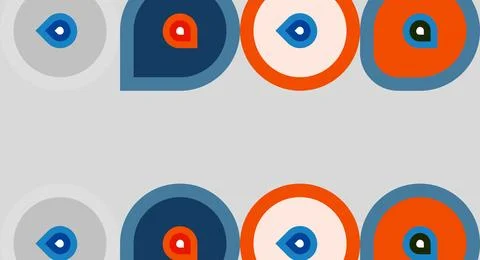 Repeating pattern features colorful eye symbols. Shapes include circles, 스톡 일러스트