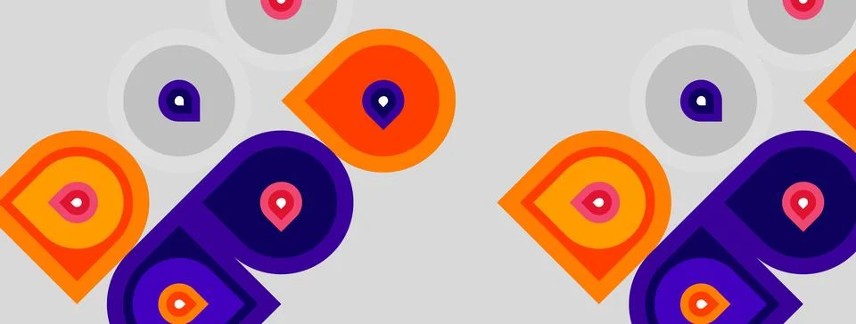 Repeating pattern features orange, purple circles. Minimalist design uses s.. Illustrazione stock