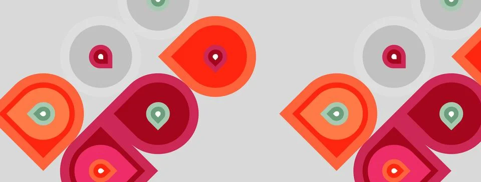Repeating pattern features overlapping circles, varying shades red, pink, g.. Stock Illustration