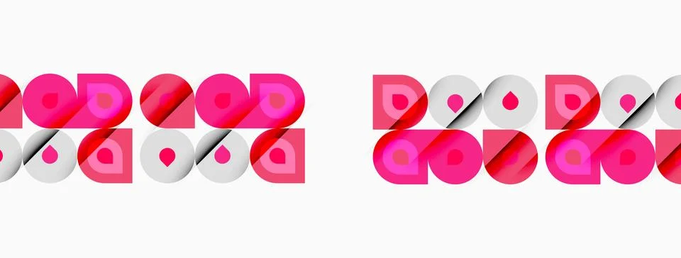 Repeating pattern features pink, red blocks with circles. Minimalist design o Stockillustratie