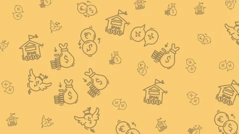 Repeating pattern featuring buildings, birds, bags, and currency symbols. Perfec Video stock 324810449
