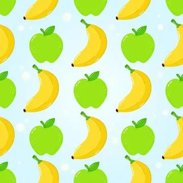Repeating pattern featuring green apples and yellow bananas on a blue backg.. Stock Illustration