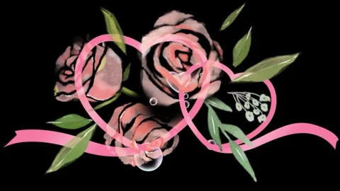 Repeating pattern featuring pink hearts intertwined with watercolor roses Stock Footage 341323501