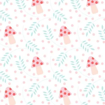 Repeating pattern of fly agaric mushrooms, twigs and pink circles on isolat.. イラスト素材