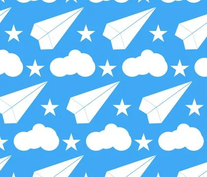 Repeating pattern of folded airplane, cloud and stars on blue background Stock Illustration
