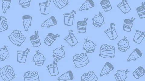 Repeating pattern of food and beverage icons on blue suitable for menu design, s Stock Footage 325399160