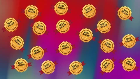 Repeating Pattern of Gold Best Seller Badges with Red Ribbons on Blurred Stock Footage 345539138