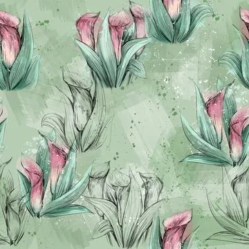Repeating pattern on a green background of calla flowers, watercolor Illustrazione stock