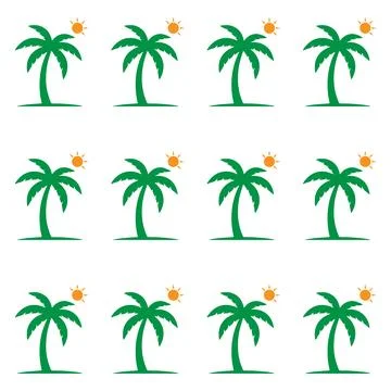 A repeating pattern of green palm tree with orange suns, arranged in a grid.. Stock Illustration