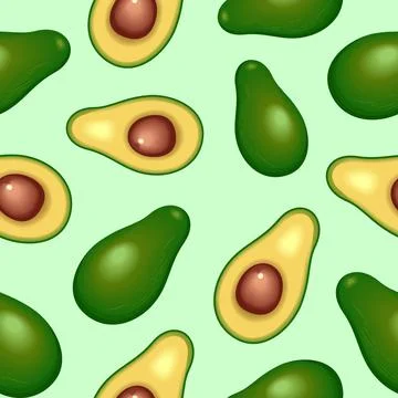 Repeating pattern illustration of many avocados on a pastel green background. Stock Photos