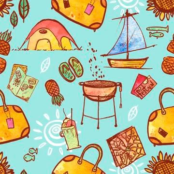 Repeating Pattern Illustration Of Travel And Vacation Icons Stock Illustration