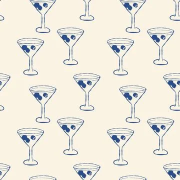 Repeating pattern of martini glasses with olives in blue ink on cream backg.. Stock Illustration