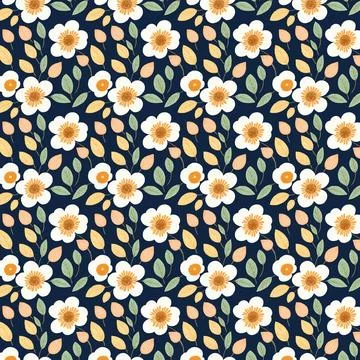 Repeating pattern of orange and yellow flowers against a dark blue background Illustrazione stock