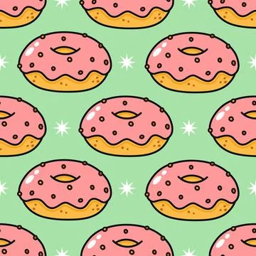 Repeating pattern of pink glazed donuts with sprinkles and star elements. 스톡 일러스트
