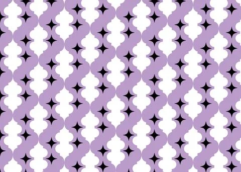 Repeating pattern, purple and white background, black fourpointed stars. Illustrazione stock