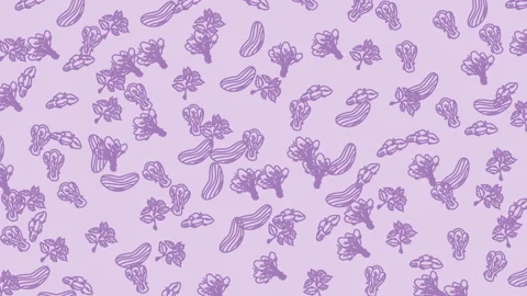 Repeating pattern of purple cucumbers and broccoli on lavender Stock Footage 319418069