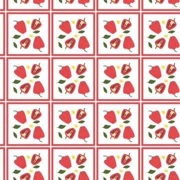 Repeating pattern of red peppers and green leaves with crown icons Stock Illustration