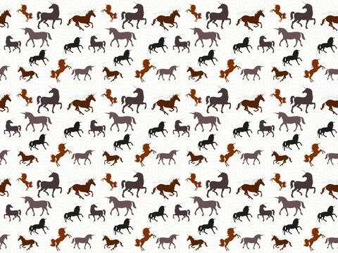 Repeating pattern showing various moving unicorn and horses shapes Stock Illustration