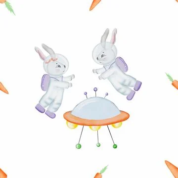 Repeating pattern on a space theme. cute bunnies astronauts with spaceship Stock Illustration