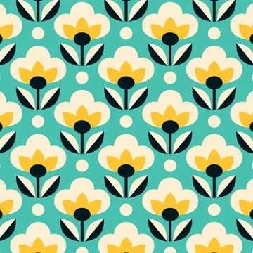 A repeating pattern of stylized floral designs in teal, white, and yellow 스톡 일러스트