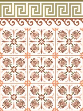 Repeating pattern of stylized floral motifs and Greek key borders in earthy tone Illustrazione stock