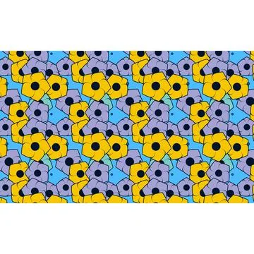 Repeating pattern of stylized yellow and purple flowers with black centers .. Stock Illustration