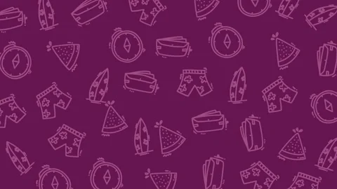 Repeating pattern with summer themes like surfboards and shorts. Suitable for te Stock Footage 323773068