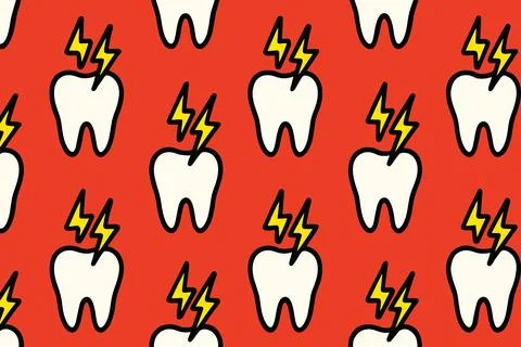 Repeating Pattern of Teeth with Lightning Bolts Illustrating Toothache Stock Illustration