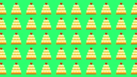 Repeating pattern of tiered wedding cakes with hearts on green background Stock Footage 344875317