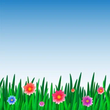 Repeating pattern tile of grass with flowers and sky Stock Illustration