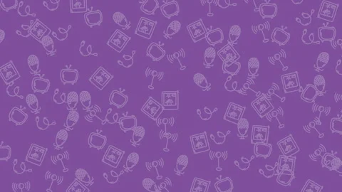 Repeating pattern of tvs, lamps, apples on purple background Stock Footage 323152864