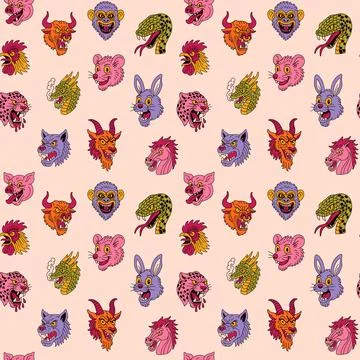 Repeating Pattern of Wild Animal and Fantasy Monster Heads Stock-Illustration